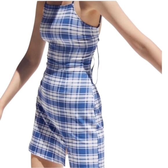 UO Lani Strappy Back Bodycon Mini Dress Blue Plaid sz L Spring Summer - Picture 2 of 10